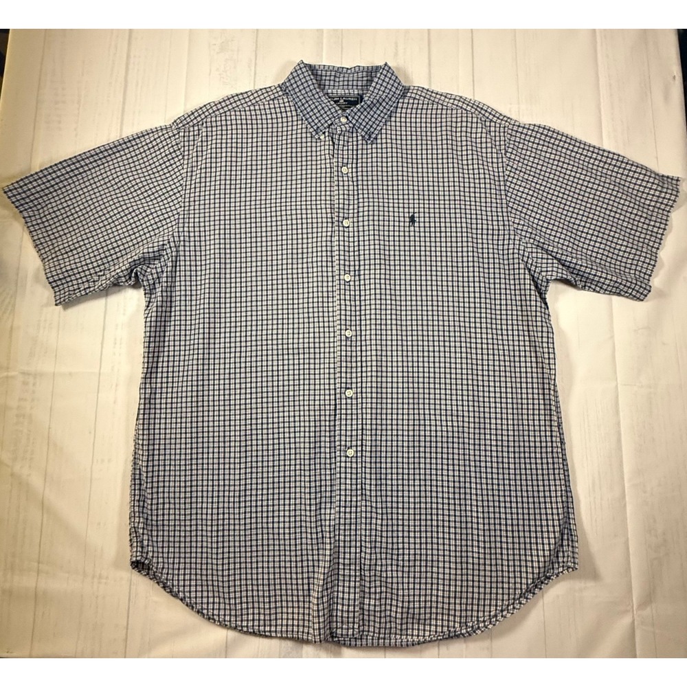 Ralph Lauren Sport Mens XL Blue White Check Short Sleeve Button Down Shirt